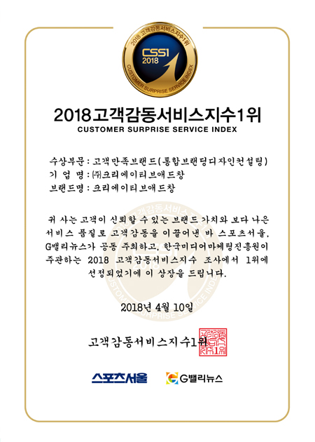 2018 고객감동서비스지수 1위(통합브랜딩디자인컨설팅)